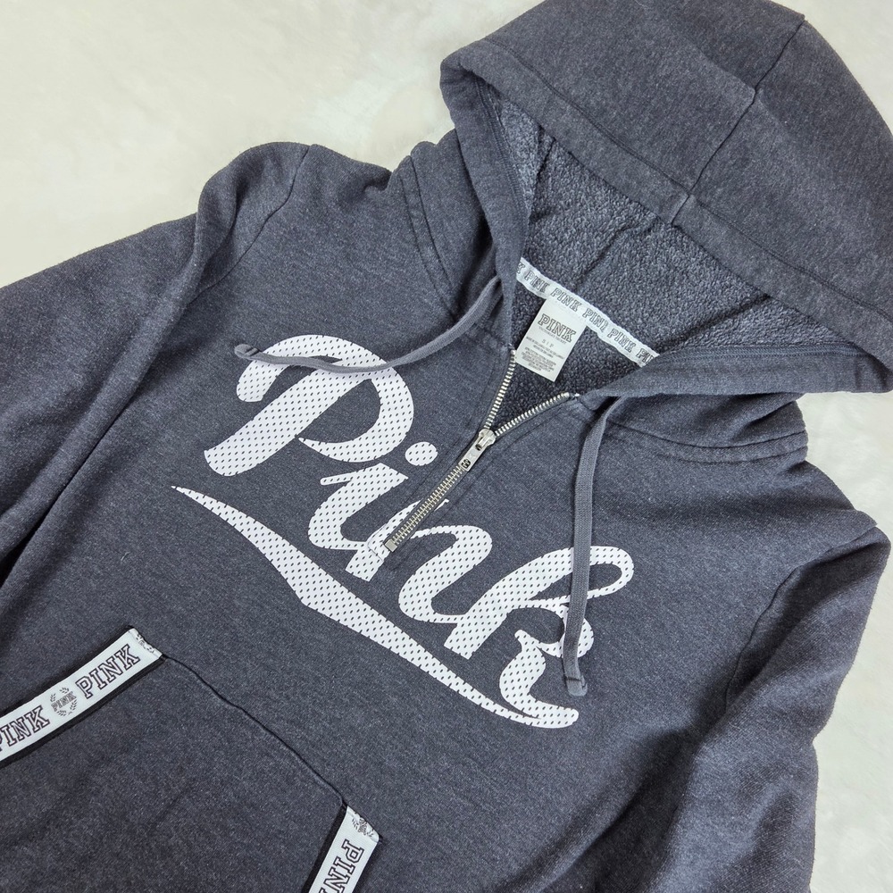 PINK Victoria's Secret Hoodie Women Small Grey 1/4 Zip Mesh Logo Tape Fleece
